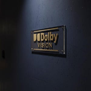 K&ouml;nnte beinhalten: Ein rechteckiges Wand-Schild mit dem goldfarbenen Dolby Vision Logo. Das Logo besteht aus dem Doppel-D-Symbol, gefolgt vom Wort Dolby und dem darunter stehenden Wort VISION, montiert auf einer transparenten Acrylplatte an einer dunklen Wand.