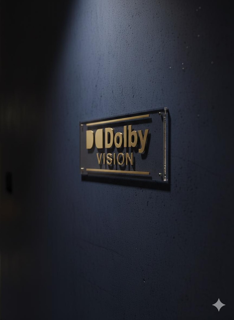 K&ouml;nnte beinhalten: Ein rechteckiges Wand-Schild mit dem goldfarbenen Dolby Vision Logo. Das Logo besteht aus dem Doppel-D-Symbol, gefolgt vom Wort Dolby und dem darunter stehenden Wort VISION, montiert auf einer transparenten Acrylplatte an einer dunklen Wand.