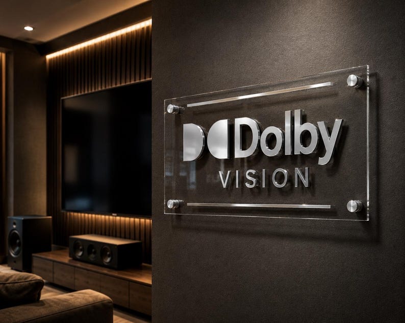 K&ouml;nnte beinhalten: Ein rechteckiges Wand-Schild aus klarem Acryl mit dem silbernen, metallischen Dolby Vision Logo und Schriftzug. Das Schild ist mit vier runden, silbernen Metallabstandshaltern an den Ecken an einer dunklen Wand befestigt, nahe einem Heimkinosystem.
