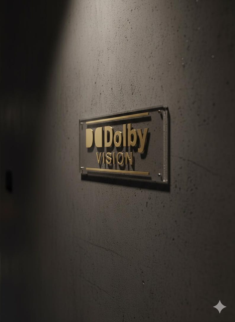 K&ouml;nnte beinhalten: Ein rechteckiges Wandschild mit dem goldenen Dolby Vision-Logo. Das Schild besteht aus einer transparenten Acrylplatte mit goldenen horizontalen Akzenten und erhabener goldener Schrift, montiert an einer dunkelgrauen, strukturierten Betonwand.