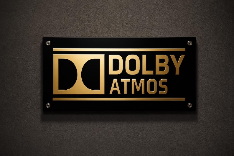 Może przedstawiać: Czarny prostokątny znak z złotym napisem "DOLBY ATMOS". Logo Dolby znajduje się po lewej stronie. Znak jest zamontowany za pomocą czterech srebrnych śrub na ciemnoszarej, teksturowanej powierzchni.