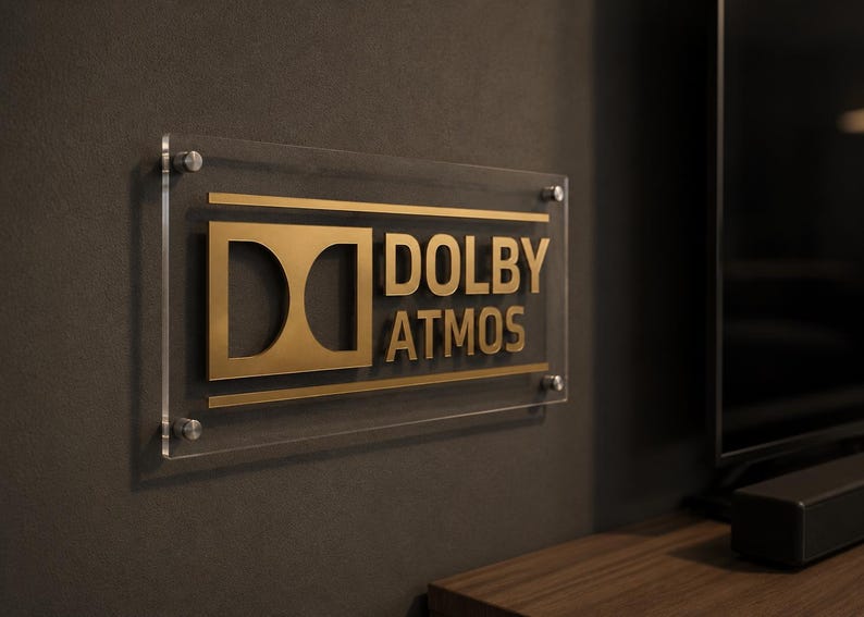 Może przedstawiać: Przezroczysty akrylowy znak z złotym napisem "DOLBY ATMOS" zamontowany na ciemnoszarej ścianie. Prostokątny znak z zaokrąglonymi rogami jest przymocowany czterema srebrnymi śrubami. Znak znajduje się nad drewnianą p&oacute;łką.