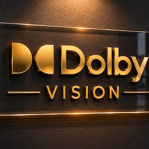 K&ouml;nnte beinhalten: Ein rechteckiges Schild aus klarem Acryl mit dem goldenen Dolby Vision Logo und Schriftzug. Das Schild ist mit vier runden, goldfarbenen Abstandshaltern an den Ecken befestigt, was einen dreidimensionalen Effekt auf der dunklen Wand erzeugt.