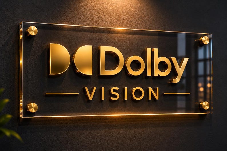 K&ouml;nnte beinhalten: Ein rechteckiges Schild aus klarem Acryl mit dem goldenen Dolby Vision Logo und Schriftzug. Das Schild ist mit vier runden, goldfarbenen Abstandshaltern an den Ecken befestigt, was einen dreidimensionalen Effekt auf der dunklen Wand erzeugt.