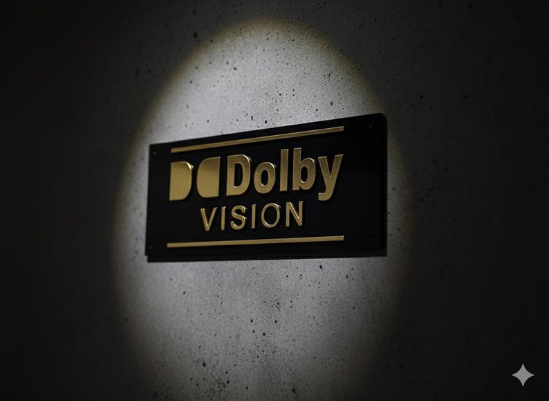 K&ouml;nnte beinhalten: Ein rechteckiges schwarzes Schild mit dem goldfarbenen Dolby Vision Logo und Schriftzug. Das Schild wird von einem kreisf&ouml;rmigen Scheinwerfer beleuchtet, der das metallische Finish der Buchstaben und die klaren Kanten der Platte hervorhebt.