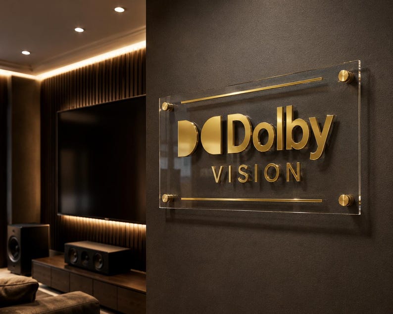 K&ouml;nnte beinhalten: Ein rechteckiges Wand-Schild aus klarem Acryl mit dem goldfarbenen Dolby Vision Logo und Schriftzug. Das Schild ist mit vier goldfarbenen, runden Abstandshaltern an den Ecken befestigt und befindet sich an einer dunklen Wand im Heimkino.