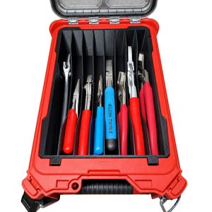 May include: A red, rectangular, hard-shell tool case with an open lid, containing a black plastic insert with vertical dividers. Inside are various metal pliers with red, blue, and black handles, including one tool labelled Klein Tools.