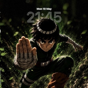 May include: A digital tablet screen displaying a wallpaper of a dark-haired anime character in a green jumpsuit with bandages on their hands, posed in a defensive stance. The screen shows the time 21:45, the date Mon 18 May, and various app icons.