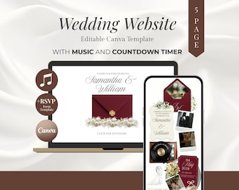 Modelo de site de casamento Borgonha com RSVP e contador regressivo. Estética clássica e elegante. Site editável no Canva. Convite digital.