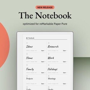 May include: A digital notebook interface for reMarkable Paper Pure displaying a grid of categories including Ideas, Research, Home, Work, Family, Holidays, Projects, Meetings, Tasks, and Drafts. The screen features a clean white layout with black text.