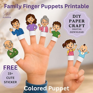 May include: A set of printable family finger puppets featuring cartoon characters including a grandfather, father, mother, grandmother, boy, girl, and baby. The text reads Family Finger Puppets Printable, DIY PAPER CRAFT DIGITAL DOWNLOAD, and FREE 15+ CUTE STICKER Colored Puppet.