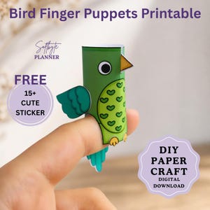 May include: A green paper bird finger puppet with a yellow beak, dark green wings, and a light green belly featuring a heart pattern. The image includes text: Bird Finger Puppets Printable, Softbyte Planner, FREE 15+ CUTE STICKER, and DIY PAPER CRAFT DIGITAL DOWNLOAD.