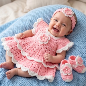 May include: A pink and white crocheted baby dress with a tiered skirt, short ruffled sleeves, and a central flower embellishment. The set includes a matching crocheted headband with a flower and a pair of pink and white crocheted baby booties.