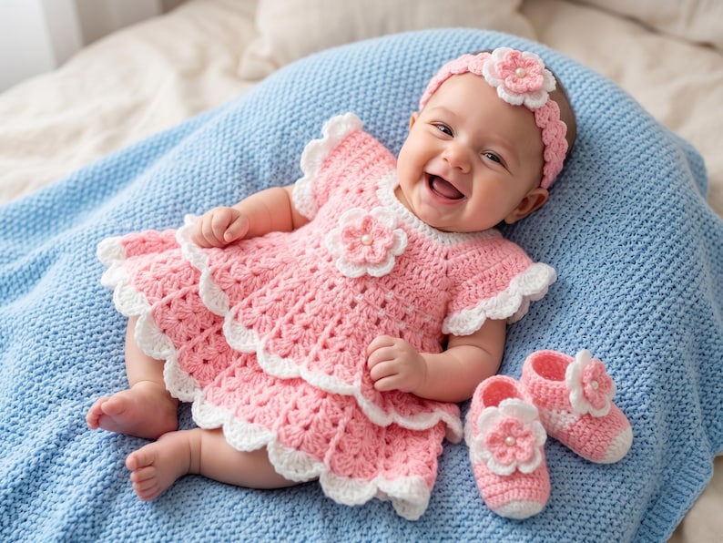 May include: A pink and white crocheted baby dress with a tiered skirt, short ruffled sleeves, and a central flower embellishment. The set includes a matching crocheted headband with a flower and a pair of pink and white crocheted baby booties.