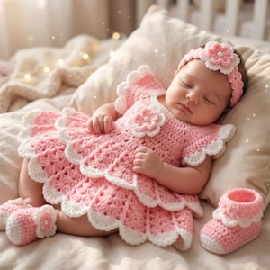 May include: A pink and white crocheted baby dress with a layered skirt, short sleeves, and a central flower embellishment. The set includes a matching crocheted headband with a flower and a pair of matching pink and white crocheted baby booties.