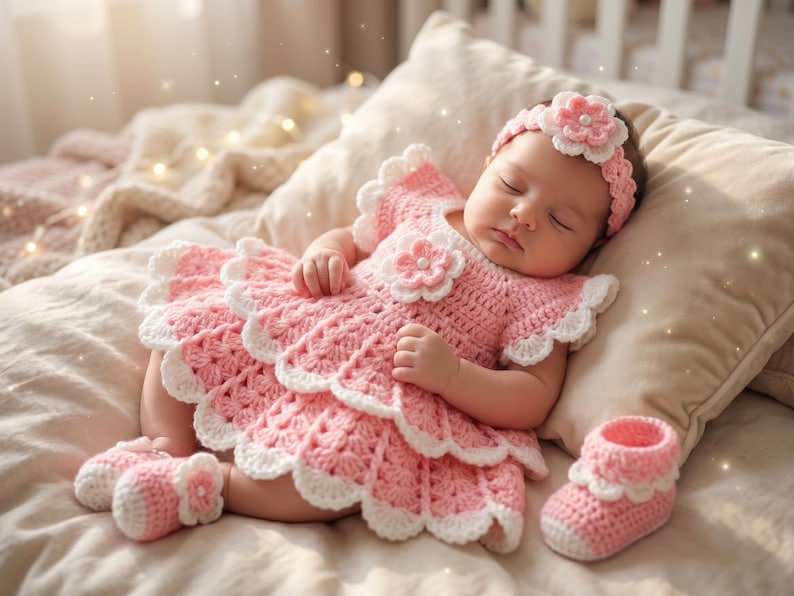 May include: A pink and white crocheted baby dress with a layered skirt, short sleeves, and a central flower embellishment. The set includes a matching crocheted headband with a flower and a pair of matching pink and white crocheted baby booties.
