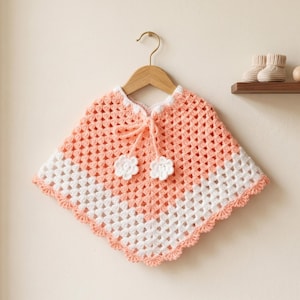 Può includere: Un poncho all'uncinetto con un motivo granny square color pesca e bianco con bordo smerlato. Il capo presenta uno scollo con coulisse decorato con due piccoli fiori all'uncinetto bianchi, il tutto esposto su una gruccia di legno.