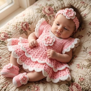 May include: A light pink and white crocheted dress with a tiered skirt, short ruffled sleeves, and a central flower applique. The set includes a matching crocheted headband with a flower and a pair of matching crocheted booties with flower accents.