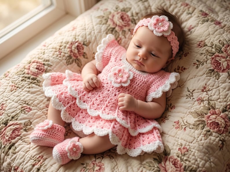 May include: A light pink and white crocheted dress with a tiered skirt, short ruffled sleeves, and a central flower applique. The set includes a matching crocheted headband with a flower and a pair of matching crocheted booties with flower accents.
