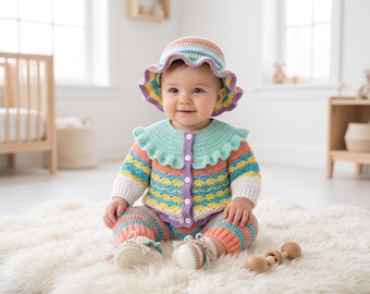 Crochet Baby Clothes Pattern Set | Ruffle Cardigan, Hat, Pants, Booties (PDF Digital Download)