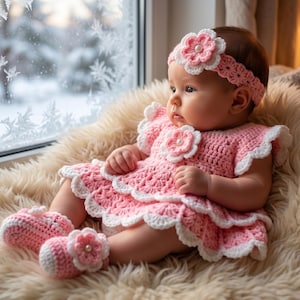 May include: A baby wearing a pink and white crocheted dress with a layered skirt, a matching headband with a central flower, and pink crocheted booties with white flower accents. The outfit features scalloped white trim on the edges.