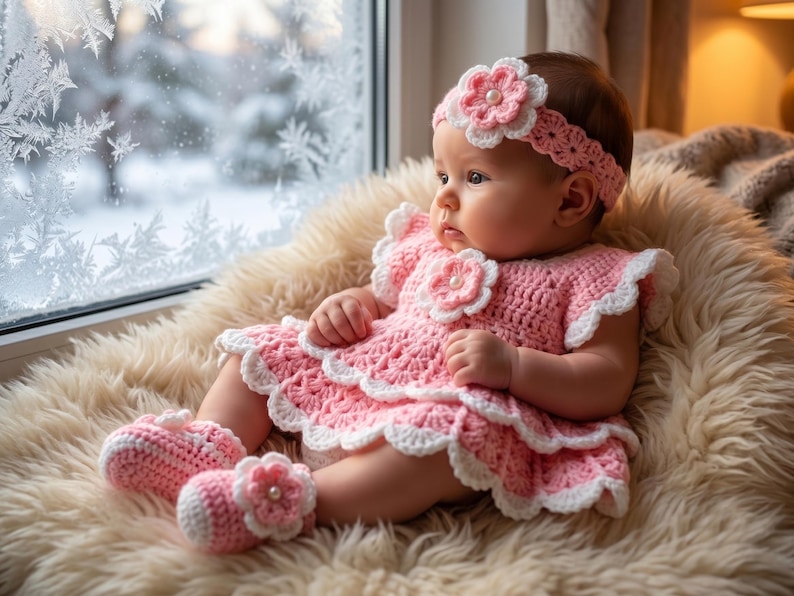 May include: A baby wearing a pink and white crocheted dress with a layered skirt, a matching headband with a central flower, and pink crocheted booties with white flower accents. The outfit features scalloped white trim on the edges.