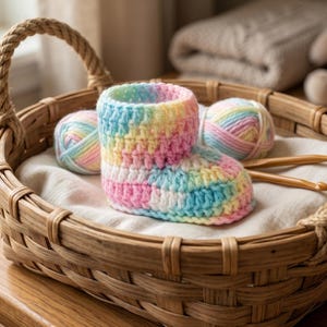 May include: A single crochet baby bootie featuring a pastel rainbow variegated yarn pattern in shades of pink, blue, yellow, and white. The bootie is placed inside a woven wicker basket alongside two matching yarn balls and two wooden crochet hooks.