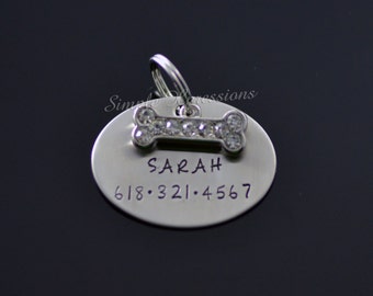 Engraved Pet ID Dog Tag - 1.25" Oval Stainless Steel w/Rhinestone Bone Charm