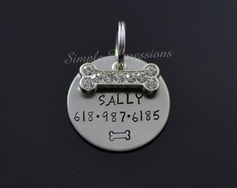 Engraved Pet ID Dog Tag - 1" Round Stainless Tag with Rhinestone Bone Charm