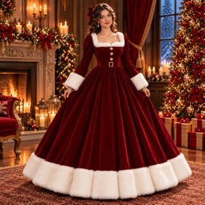 May include: A floor-length deep red velvet gown featuring long sleeves with white faux fur cuffs, a square neckline trimmed in white faux fur, a matching white faux fur hem, and a central row of decorative buttons with a waist belt.