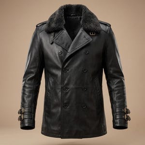 May include: A black leather double-breasted jacket featuring a dark gray faux fur collar, shoulder epaulets, and two adjustable buckle straps on each sleeve cuff. The jacket includes a front button closure and a metal buckle at the collar.