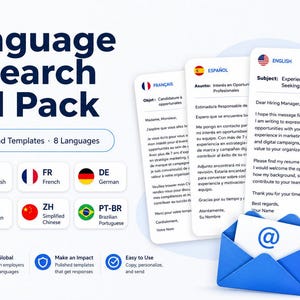 Puede incluir: Un producto digital titulado 8-Language Job Search Email Pack que incluye 82 plantillas listas para enviar en inglés, español, francés, alemán, japonés, coreano, chino y portugués. El gráfico muestra ejemplos de correos electrónicos y un sobre azul.
