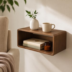 Floating Nightstand, Wall Mounted Bedside Table, Brown Pine Wood Shelf, Minimalist Bedroom Storage, Handmade Bedside Shelf
