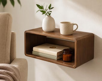 Table de chevet flottante, table de chevet murale, étagère en bois de pin marron, rangement de chambre minimaliste, étagère de chevet faite main