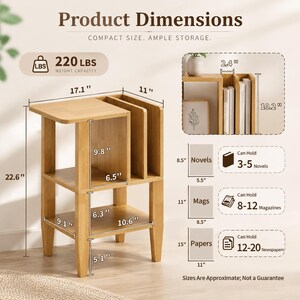 May include: A light brown wooden side table with a top surface, a middle shelf, and a vertical storage compartment. The table features text labels for dimensions, including a height of 22.6 inches, a width of 17.1 inches, and a 220 lbs weight capacity.