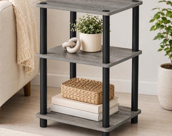 3 Tier Walnut Side Table, Open Shelf Nightstand, Compact Bedside Organizer, Tool-Free Assembly