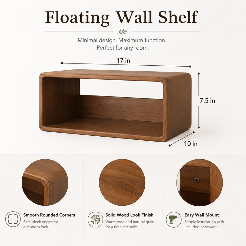 Puede incluir: Un estante flotante rectangular con acabado en madera marr&oacute;n, esquinas redondeadas y centro abierto. El estante mide 43,18 cm de ancho, 19,05 cm de alto y 25,4 cm de profundidad, con herrajes de montaje visibles y veteado de madera natural.