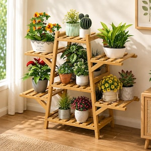 May include: A multi-tiered bamboo plant stand featuring an A-frame design with multiple slatted shelves. The stand holds various potted plants, including yellow flowers, green cacti, leafy foliage, and small shrubs in assorted ceramic and plastic pots.