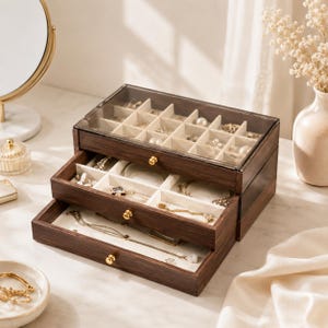 May include: A dark wood jewelry organizer box featuring a transparent top lid with multiple square compartments and two pull-out drawers. The interior is lined with cream-colored fabric, and each drawer is accented with a small, round gold-toned knob.