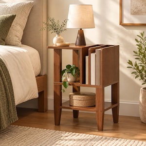 May include: A brown wooden side table with a tiered design, featuring a top surface for a lamp, a middle shelf with a built-in vertical storage compartment for books, and a bottom shelf holding a round woven lidded box.
