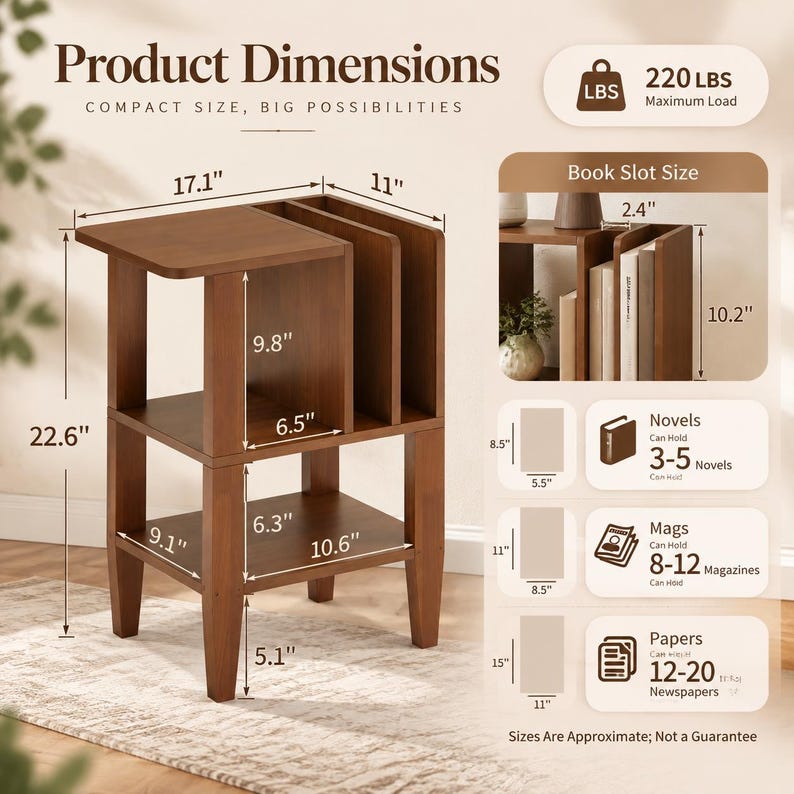 May include: A brown wooden side table with a top surface, a middle shelf, and a vertical book slot. The table measures 22.6 inches high, 17.1 inches wide, and 11 inches deep. It features a maximum load capacity of 220 lbs and includes storage for books.