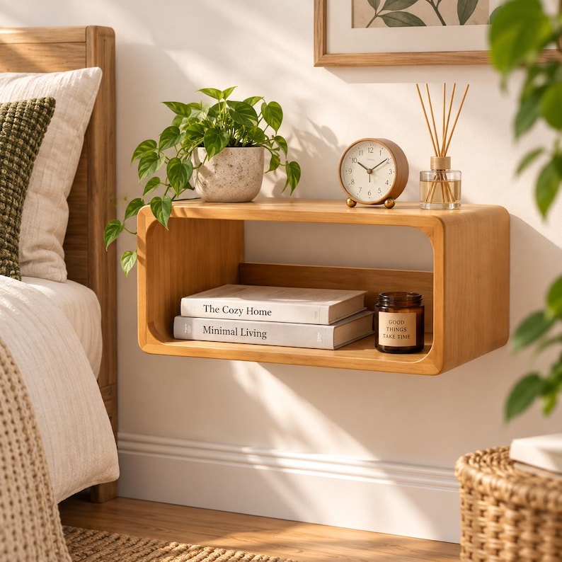 Puede incluir: Un estante de pared flotante de madera clara con esquinas redondeadas. Encima hay una planta verde en maceta, un reloj anal&oacute;gico redondo y un difusor de varillas. Dentro del estante hay dos libros apilados titulados The Cozy Home y Minimal Living.