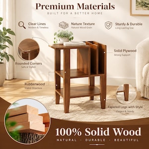 May include: A brown wooden side table with multiple storage compartments, featuring rounded corners, tapered legs, and a natural wood grain finish. The table is displayed with text overlays highlighting features like solid plywood and rubberwood construction.