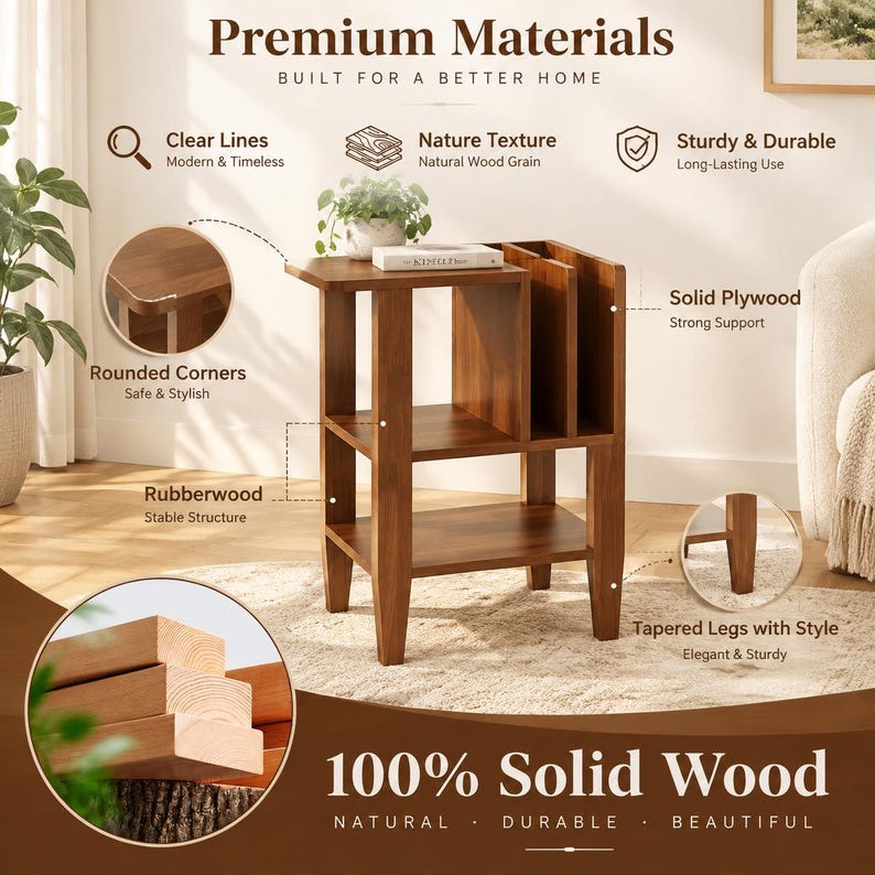 May include: A brown wooden side table with multiple storage compartments, featuring rounded corners, tapered legs, and a natural wood grain finish. The table is displayed with text overlays highlighting features like solid plywood and rubberwood construction.