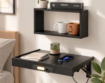 Wall Mounted Folding Nightstand, LED Light, USB Type C Charging Shelf