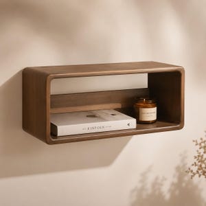 Puede incluir: Un estante de pared rectangular de madera con esquinas redondeadas y acabado marr&oacute;n oscuro. Dentro del estante hay un libro blanco titulado The Kinfolk Home y un peque&ntilde;o frasco de vela de vidrio con etiqueta marr&oacute;n y una llama encendida.