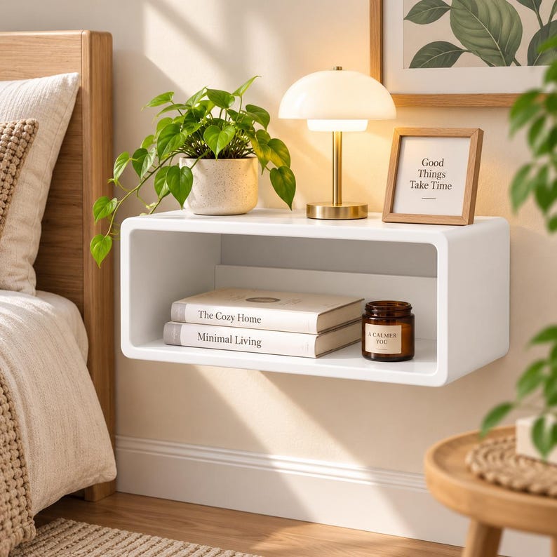 Puede incluir: Un estante de pared flotante blanco con esquinas redondeadas. Encima hay una planta verde en maceta, una l&aacute;mpara de lat&oacute;n con pantalla de c&uacute;pula blanca y un marco de madera con el texto Good Things Take Time. Dentro hay dos libros y una vela.