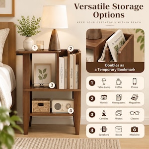 May include: A brown wooden nightstand with two open shelves, featuring a top surface holding a lamp, a small plant, and a candle. The side includes a vertical slot for books. Text on the image reads Versatile Storage Options and Keep Your Essentials Within Reach.