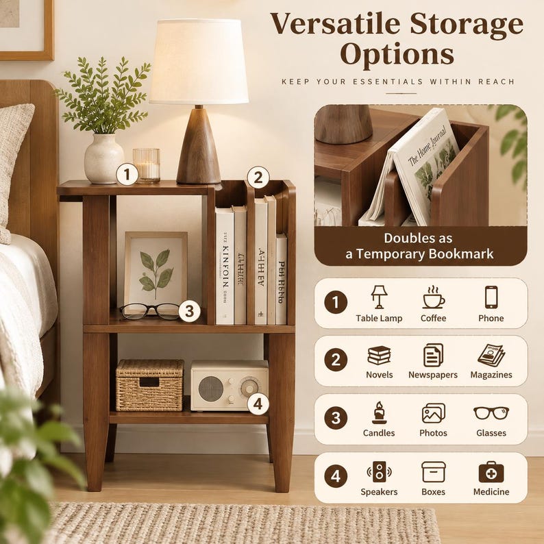 May include: A brown wooden nightstand with two open shelves, featuring a top surface holding a lamp, a small plant, and a candle. The side includes a vertical slot for books. Text on the image reads Versatile Storage Options and Keep Your Essentials Within Reach.