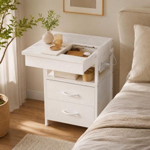 Modern Nightstand with Charging Station, Hidden Drawer & 2 Fabric Drawers, Bedside Table for Bedroom, Dorm or Living Room